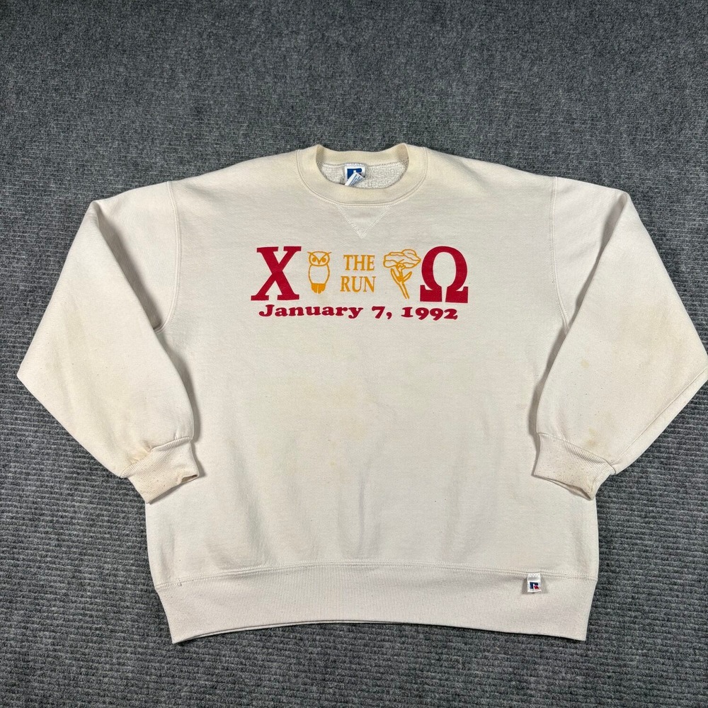Vtg Russell Athletic Sweatshirt Mens XL Cream Fair Chi Omega The Run 1992 USA